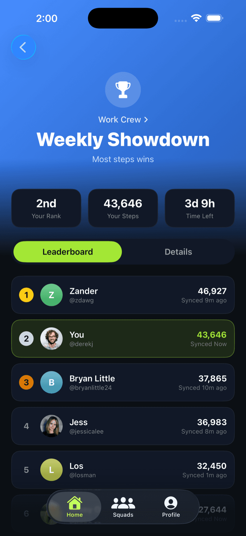 Challenge leaderboard ranking squad members by step count