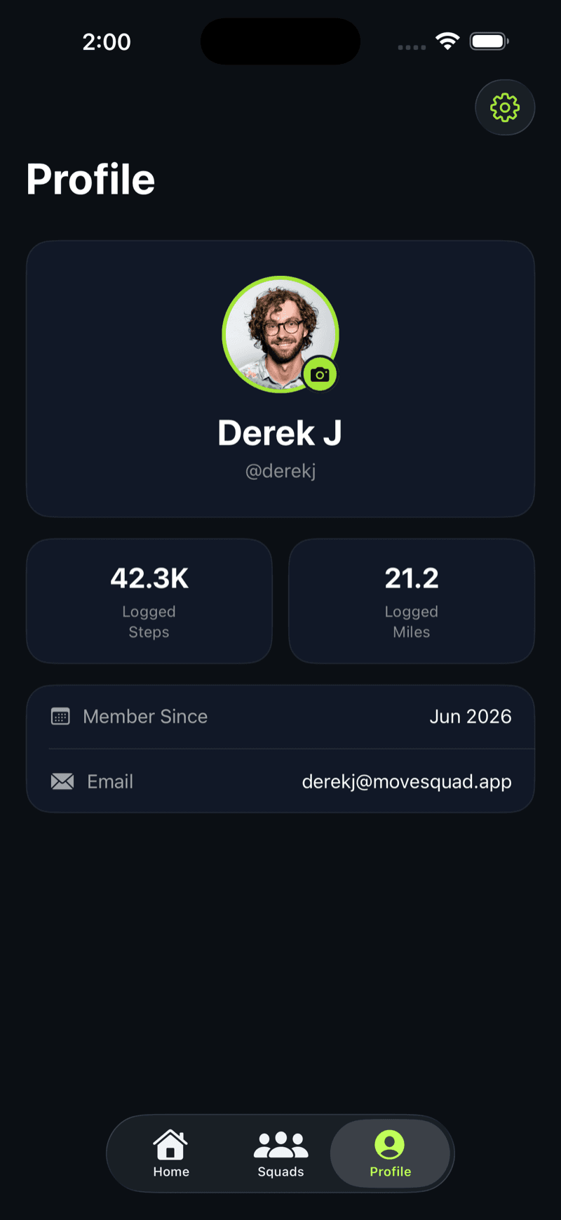 MoveSquad profile showing logged steps, miles, and member details