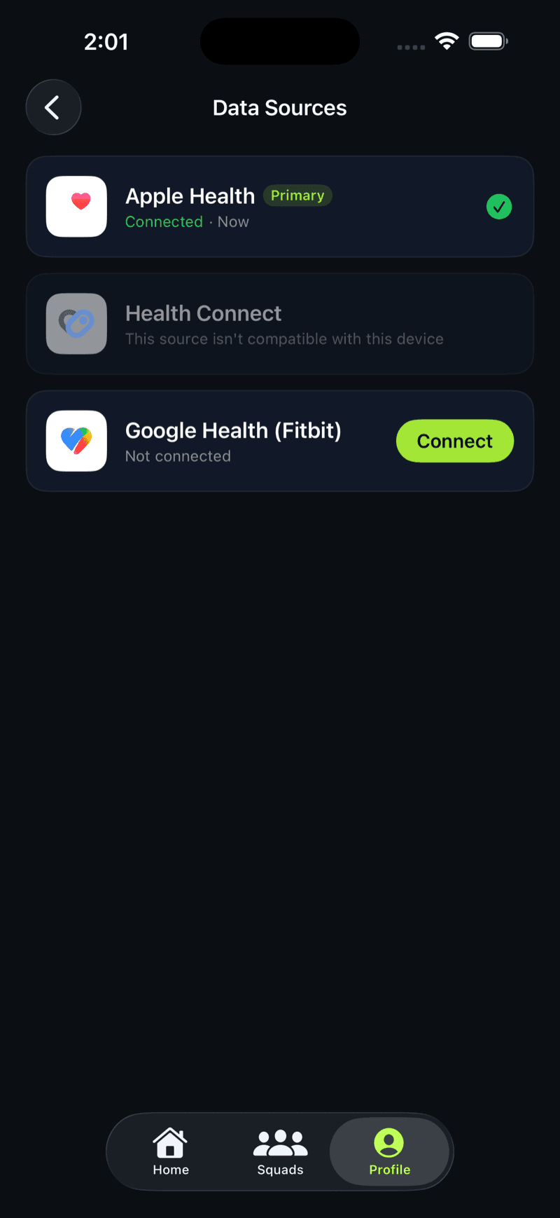 Data sources screen with Apple Health connected and other sources available