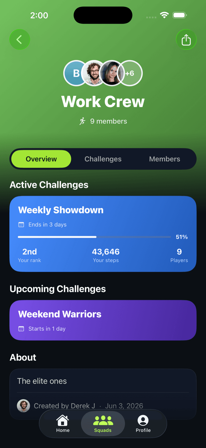 MoveSquad squad page showing members, active and upcoming challenges